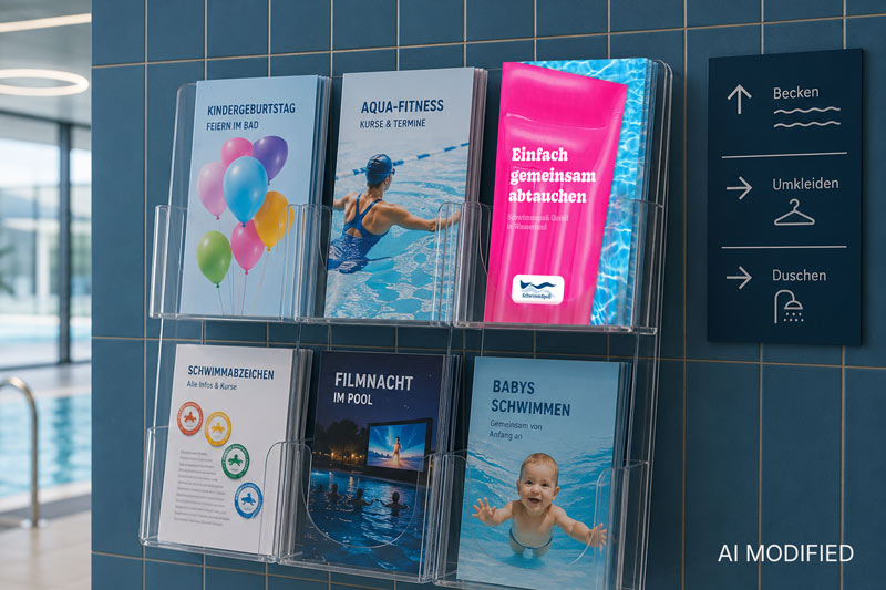 Gestaltete Flyer im Schwimmbad