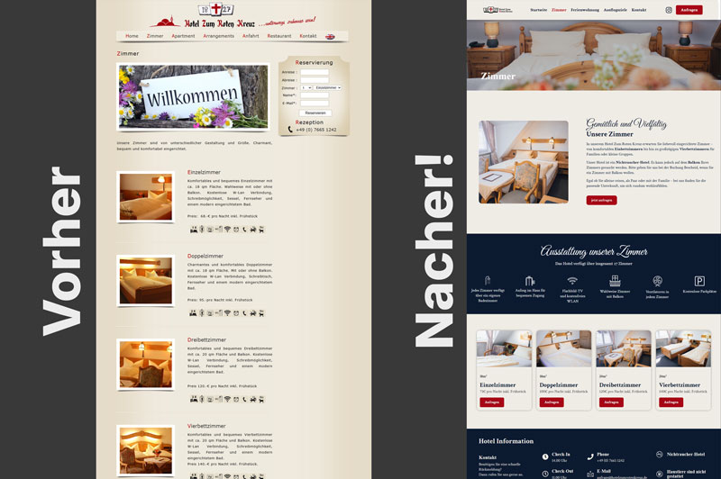 Vorher-Nachher-Vergleich der Website für das Hotel Zum Roten Kreuz